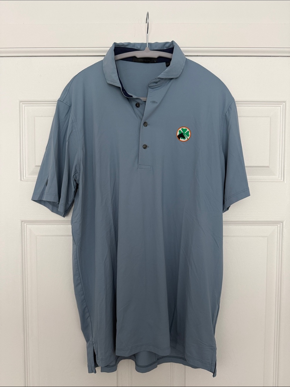 Men's Light Blue Performance Polo Shirt with Clover Patch from Due process CC NJ
